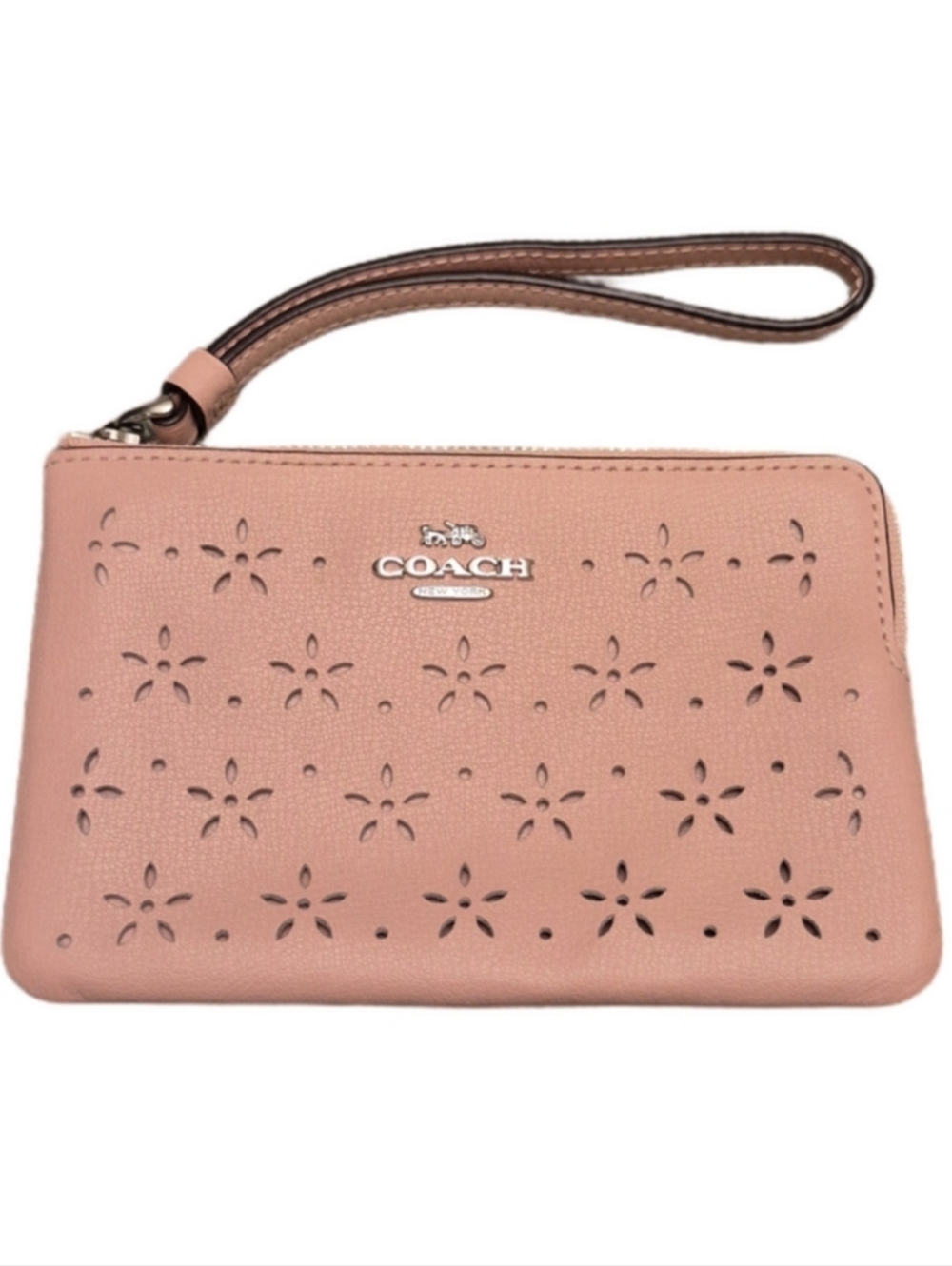 COACH Pink Floral Perforated Leather Wristlet Card Slots EUC - Picture 1 of 4